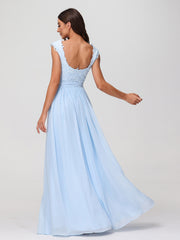 Robes Longue Mousseline avec Bustier Appliquée en Dentelle Bleu Ciel