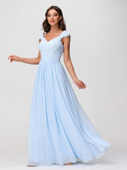 Robes Longue Mousseline avec Bustier Appliquée en Dentelle Bleu Ciel