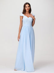 Robes Longue Mousseline avec Bustier Appliquée en Dentelle Bleu Ciel