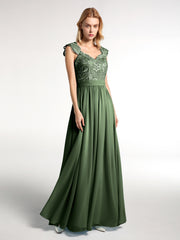 Robes Longue Mousseline avec Bustier Appliquée en Dentelle Olive Verte