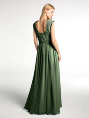 Robes Longue Mousseline avec Bustier Appliquée en Dentelle Olive Verte