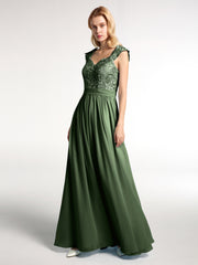 Robes Longue Mousseline avec Bustier Appliquée en Dentelle Olive Verte