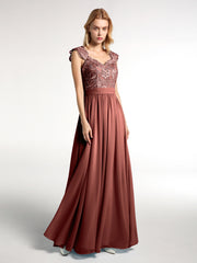 Robes Longue Mousseline avec Bustier Appliquée en Dentelle terracotta