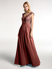 Robes Longue Mousseline avec Bustier Appliquée en Dentelle terracotta Grande Taille