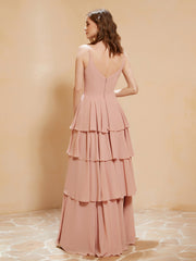 Robe Longue Bohème en Mousseline avec Volants Rose Poudré Grande Taille
