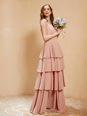 Robe Longue Bohème en Mousseline avec Volants Rose Poudré Grande Taille