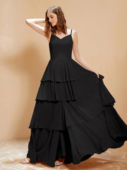 Robe Longue Bohème en Mousseline avec Volants Noir Grande Taille