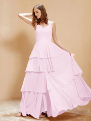 Robe Longue Bohème en Mousseline avec Volants Rose Pâle Grande Taille