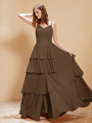 Robe Longue Bohème en Mousseline avec Volants Brun Grande Taille