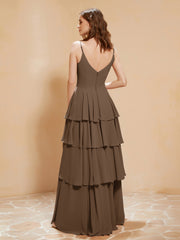 Robe Longue Bohème en Mousseline avec Volants Brun Grande Taille