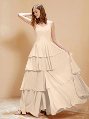 Robe Longue Bohème en Mousseline avec Volants Champagne Grande Taille