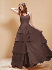 Robe Longue Bohème en Mousseline avec Volants Chocolat Grande Taille