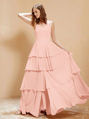 Robe Longue Bohème en Mousseline avec Volants Corail