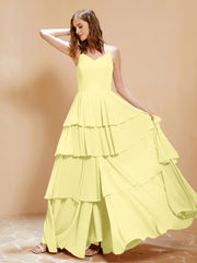 Robe Longue Bohème en Mousseline avec Volants Jonquille Grande Taille