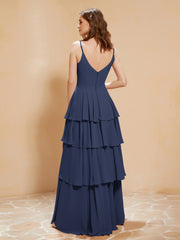 Robe Longue Bohème en Mousseline avec Volants Bleu Marine Grande Taille