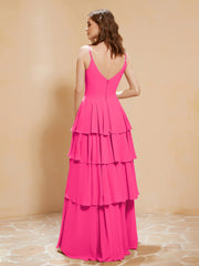Robe Longue Bohème en Mousseline avec Volants Fuchsia Grande Taille