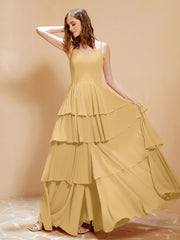 Robe Longue Bohème en Mousseline avec Volants Or