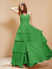 Robe Longue Bohème en Mousseline avec Volants Vert Grande Taille