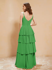 Robe Longue Bohème en Mousseline avec Volants Vert Grande Taille