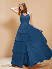 Robe Longue Bohème en Mousseline avec Volants Bleu Encre