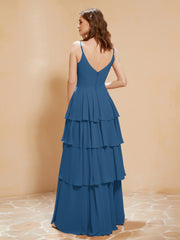 Robe Longue Bohème en Mousseline avec Volants Bleu Encre Grande Taille