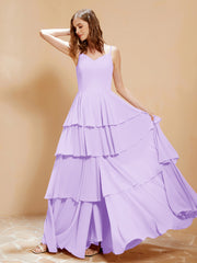 Robe Longue Bohème en Mousseline avec Volants Lilas