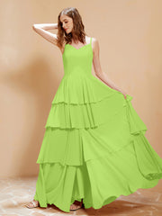 Robe Longue Bohème en Mousseline avec Volants Vert Citron Grande Taille