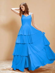 Robe Longue Bohème en Mousseline avec Volants Bleu Océan Grande Taille