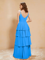 Robe Longue Bohème en Mousseline avec Volants Bleu Océan Grande Taille
