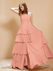 Robe Longue Bohème en Mousseline avec Volants Papaye