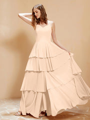 Robe Longue Bohème en Mousseline avec Volants Pêche Grande Taille
