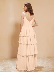 Robe Longue Bohème en Mousseline avec Volants Pêche Grande Taille