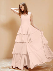 Robe Longue Bohème en Mousseline avec Volants Rose Perle Grande Taille