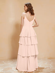Robe Longue Bohème en Mousseline avec Volants Rose Perle Grande Taille