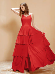 Robe Longue Bohème en Mousseline avec Volants Rouge Grande Taille
