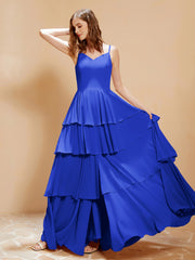 Robe Longue Bohème en Mousseline avec Volants Bleu Royale Grande Taille