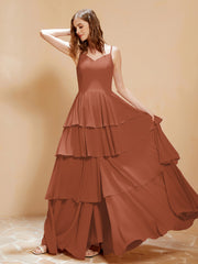 Robe Longue Bohème en Mousseline avec Volants Rouille Grande Taille