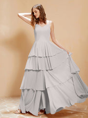 Robe Longue Bohème en Mousseline avec Volants Argent