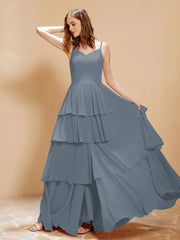 Robe Longue Bohème en Mousseline avec Volants Bleu de Schiste Grande Taille