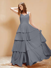 Robe Longue Bohème en Mousseline avec Volants Gris Acier Grande Taille