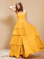 Robe Longue Bohème en Mousseline avec Volants Mandarine Grande Taille