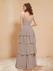 Robe Longue Bohème en Mousseline avec Volants Taupe Grande Taille