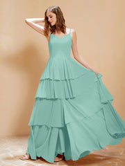 Robe Longue Bohème en Mousseline avec Volants Turquoise Grande Taille