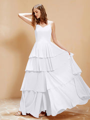 Robe Longue Bohème en Mousseline avec Volants Blanc