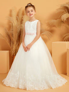 Robe de Fille Ball-Gown en Tulle avec Appliques en Dentelle