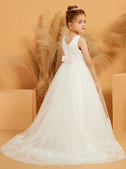 Robe de Fille Ball-Gown en Tulle avec Appliques en Dentelle