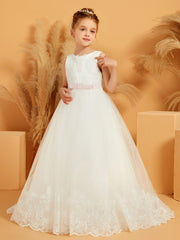 Robe de Fille Ball-Gown en Tulle avec Appliques en Dentelle