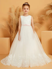 Robe de Fille Ball-Gown en Tulle avec Appliques en Dentelle