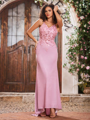 Maxi Robe Fourreau Appliquée en Jersey avec Corsage Corset à Col en V Rose Poudré