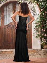 Maxi Robe Fourreau Appliquée en Jersey avec Corsage Corset à Col en V Noir
